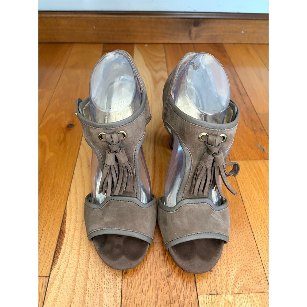 Coach Tristen Heeled Taupe Suede Leather Sandals Women's Size 9.5